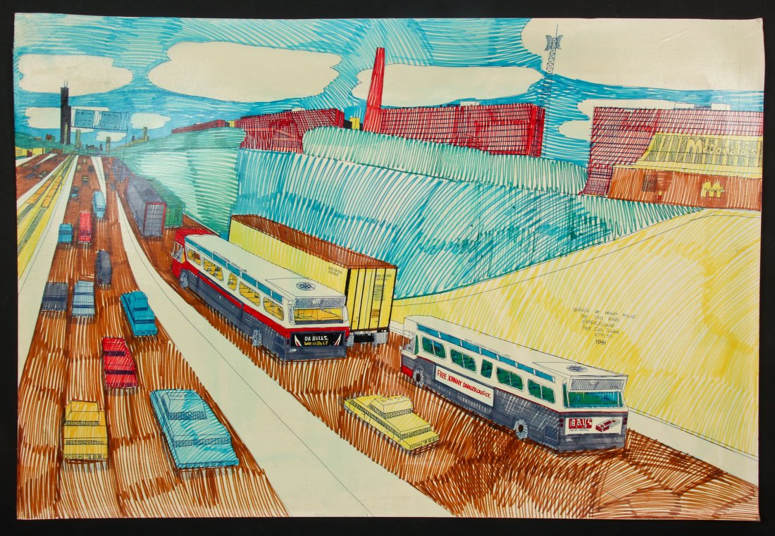 Wesley Willis (1963-2003) "The Dan Ryan Expressway...": Wesley Willis (American/Chicago, 1963-2003) "The Dan Ryan Expressway Past 51st Toward 47th Street", 1991, mixed media on poster board, signed, titled and dated. Size: 28" x 41.5", 71 x 105 cm (board).