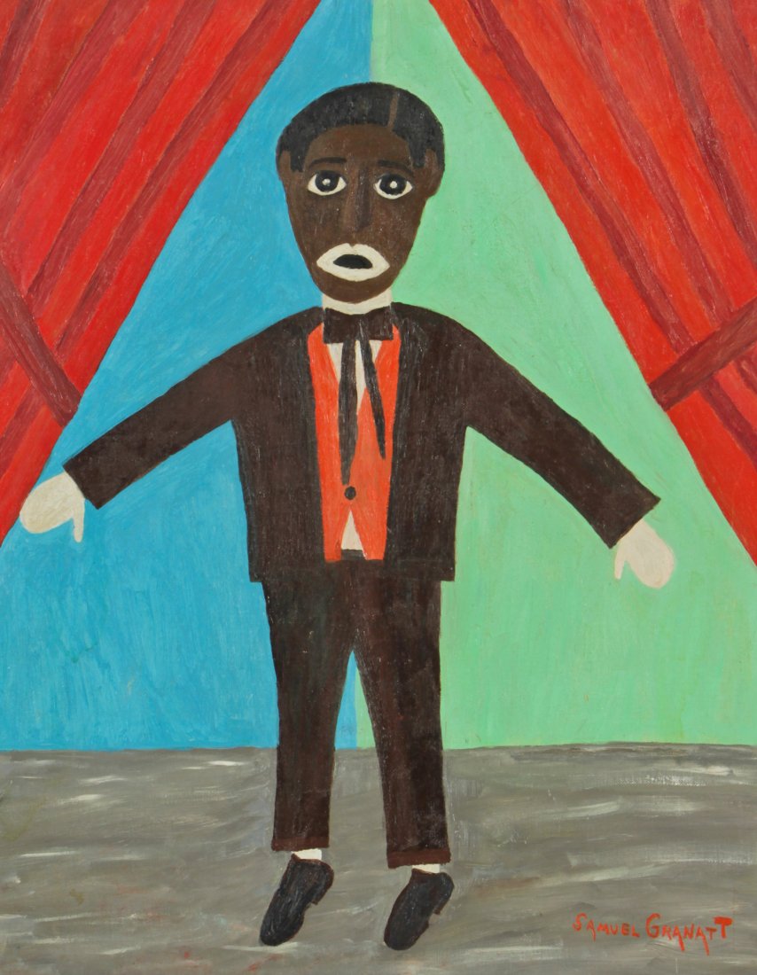 Samuel Granatt (American, 20th c.) Painting: Samuel Granatt (American, 20th c.) Minstrel, oil painting on canvas board, signed. Size: 20" x 16", 51 x 41 cm (board); 21.5" x 17", 55 x 43 cm (frame).