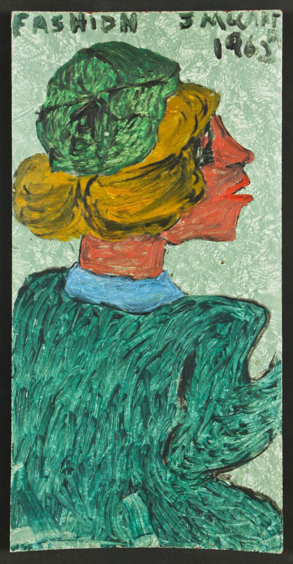 Justin McCarthy (American, 1892-1977) "Fashion", 1962: Justin McCarthy (American, 1892-1977) "Fashion", 1962, oil painting on found panel, signed and dated. Size: 18" x 8.75", 46 x 22 cm (board); 23" x 14", 58 x 36 cm (frame). Provenance: Estate of Myra Y