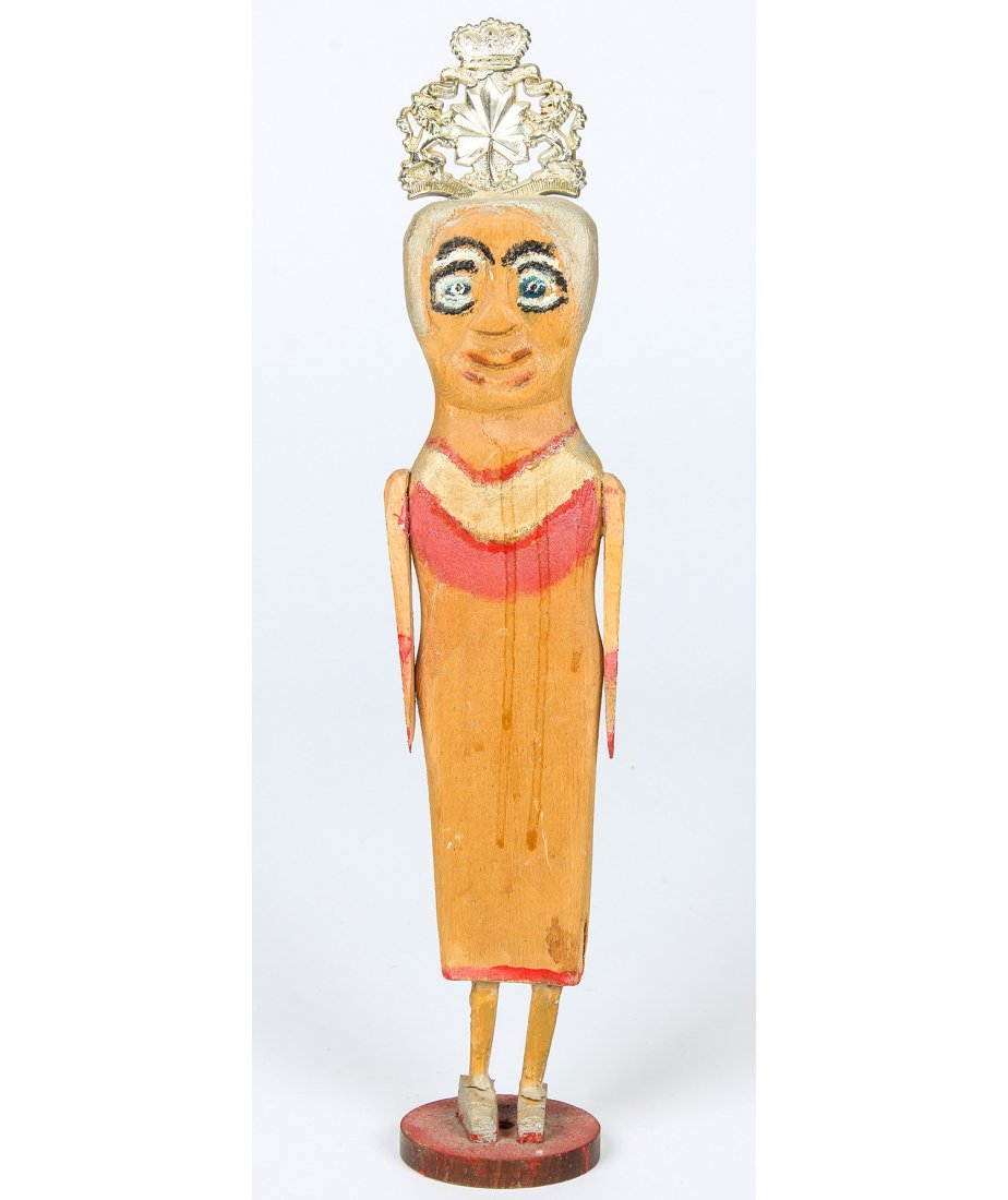 William Dawson (American, 1901-1990) "Queen", 1985: William Dawson (American, 1901-1990) "Queen", 1985, carved and painted wood, signed and dated 4-13-85. Size: 14.25" x 3" x 2.5" (36 x 8 x 6 cm). Provenance: Bob Brand and Liz Werthan, Philadelphia.