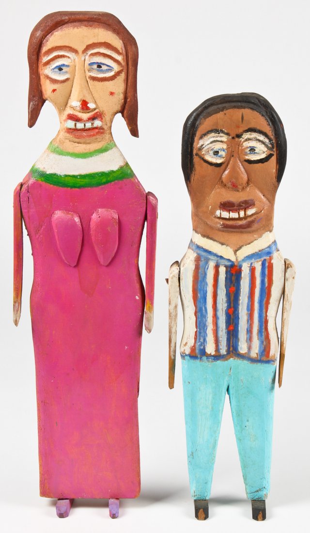 William Dawson (1901-1990) "Couple", 1988: William Dawson (American, 1901-1990) "Couple", 1988, carved and painted wood, each signed and dated. Largest Size: 28" x 8" x 3.25" (71 x 20 x 8 cm). Literature: Woman is featured in a full color full