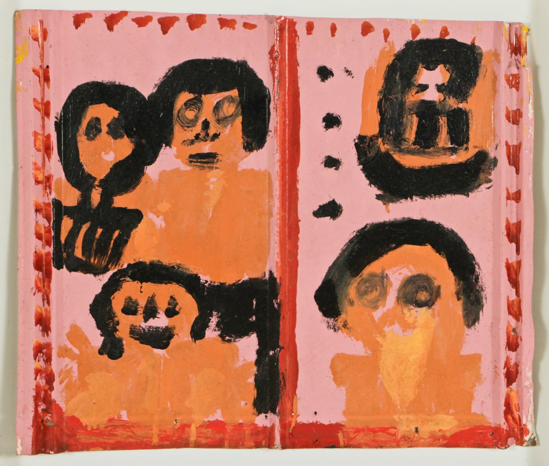 Mary Tillman Smith (1904-1995) Painting on Metal: Mary Tillman Smith (American/Mississippi, 1904-1995) Painting on metal, signed. Size: 23" x 26.5", 58 x 67 cm (irregular sheet); 28" x 31.5", 71 x 80 cm (frame). Provenance: Robert Cargo, Alabama.