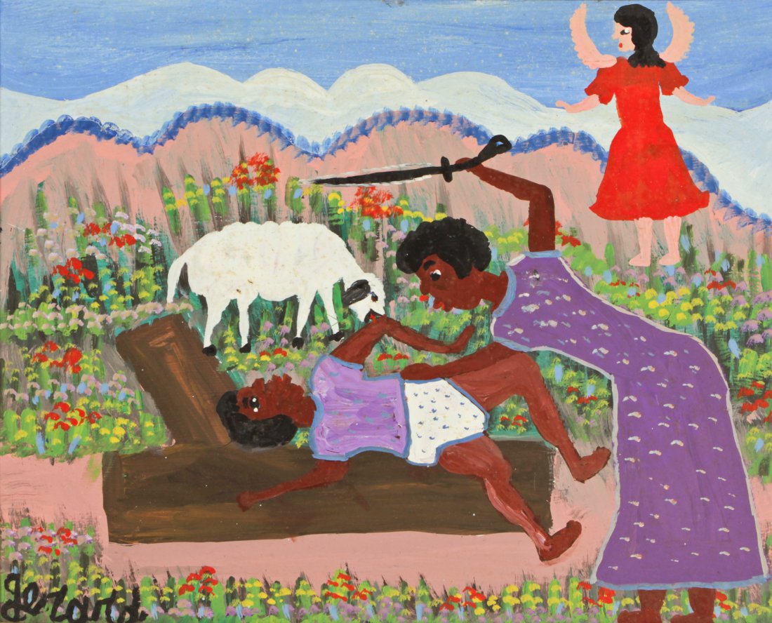 Gerard Fortune (Haitian/Petionville, b. 1933) Oil: Gerard Fortune (Haitian/Petionville, b. 1933) Oil painting on masonite, 1987, signed. Size: 16" x 20", 41 x 51 cm (board); 20.75" x 24.75", 53 x 63 cm (frame). Provenance: Robert Cargo, Alabama.