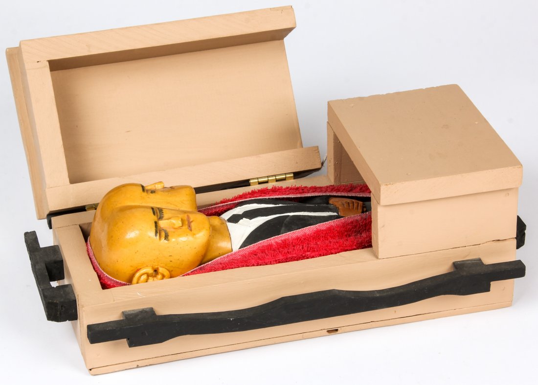 Sulton Rogers (1922-2003) Two Headed Man in Coffin: Sulton Rogers (American, 1922-2003) Two Headed Man in Coffin, carved and painted wood. Size: 6" x 16" x 7.5" (15 x 41 x 19 cm). Provenance: Estate of Myra Yellin Outwater, art and theater columns writ