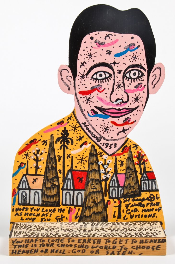 Howard Finster (1916-2001) "Howard 1953": Howard Finster (American, 1916-2001) "Howard 1953", 1990, paint on cutout board, signed, dated and numbered 14,969. Size: 10.75" x 7" x 3.75" (27 x 18 x 10 cm).