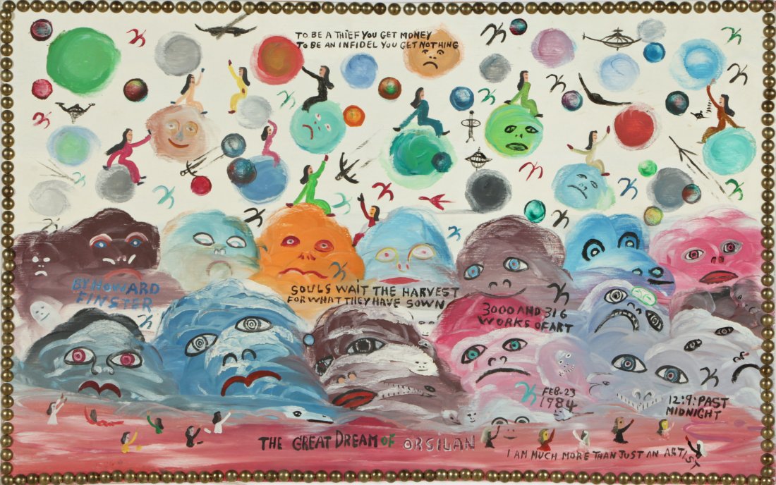 Howard Finster (1916-2001) Painting, 1984: Howard Finster (American, 1916-2001) Painting, 1984, enamel on wood, signed, dated and numbered 3316. Size: 16" x 25.25", 41 x 64 cm (board).