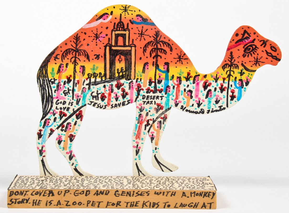 Howard Finster (1916-2001) "Camel": Howard Finster (American, 1916-2001) "Camel", 1990, paint on cutout board, signed, dated and numbered 13,226. Size: 8.5" x 12" x 3.75" (22 x 30 x 10 cm).