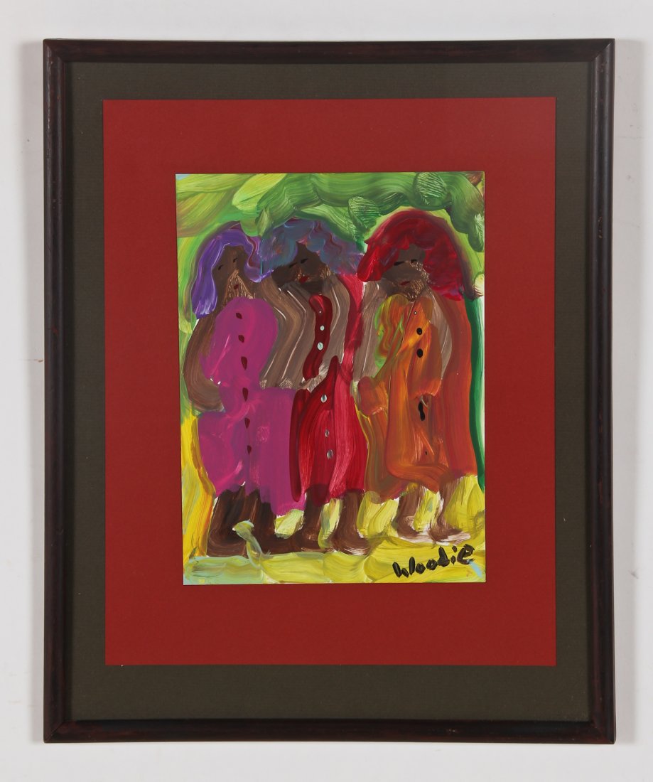 Woodie Long (American, 1942-2009) 3 Little Girls: Woodie Long (American, 1942-2009) 3 Little Girls, tempera painting on paper, 1992. Size: 10" x 7.5", 25 x 19 cm (sheet); 17" x 14", 43 x 36 cm (frame).