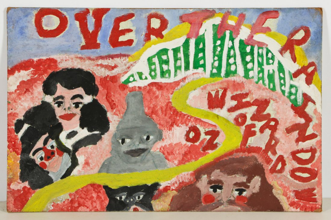 Chuckie Williams (1957-1999) "Over the Rainbow": Chuckie "Artist Chuckie" Williams (American, 1957-1999) "Over the Rainbow", c. 1985-1990, mixed media painting on board. Size: 28.75" x 43", 73 x 109 cm (board). Provenance: Robert Cargo, Alabama.
