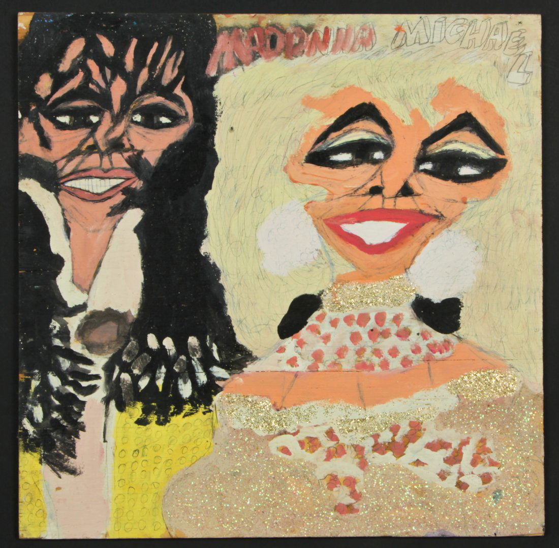 Chuckie Williams (1957-1999) "Michael and Madonna": Chuckie "Artist Chuckie" Williams (American, 1957-1999) "Michael and Madonna" (double-sided painting), c. 1985-1990, mixed media on board. Size: 24" x 24", (61 x 61 cm). Provenance: Robert Cargo, Alab