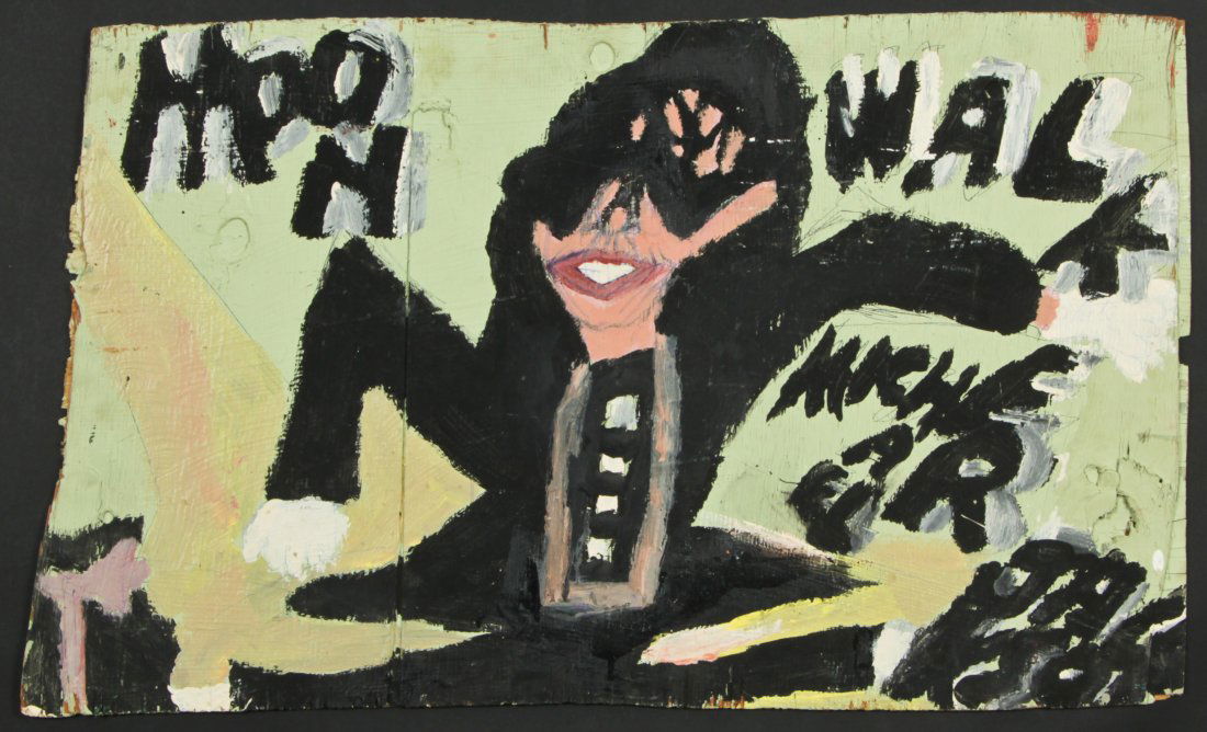 Chuckie Williams (1957-1999) "Moon Walk Michael": Chuckie "Artist Chuckie" Williams (American, 1957-1999) "Moon Walk Michael", c. 1985-1990, mixed media painting on board. Size: 19.5" x 33.5", 50 x 85 cm (irregular board). Provenance: Robert Cargo, A
