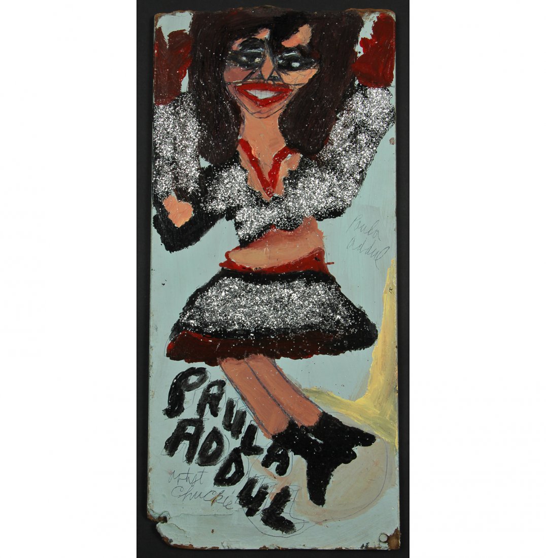 Chuckie Williams (1957-1999) "Paula Abdul", c.: Chuckie "Artist Chuckie" Williams (American, 1957-1999) "Paula Abdul", c. 1985-1990, mixed media painting on board, signed. Size: 26.5" x 12", 67 x 30 cm (irregular board); 27" x 31.5", 69 x 80 cm (fr