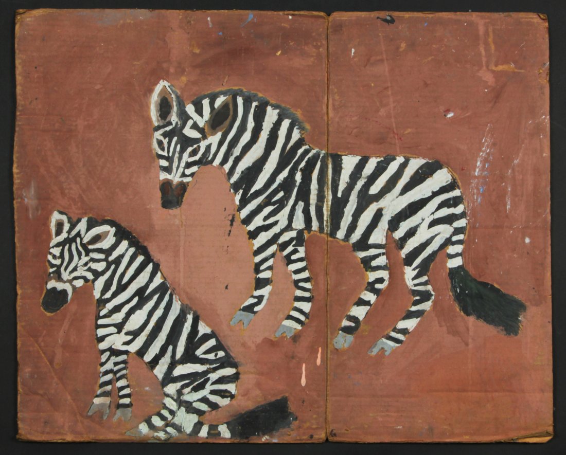 Chuckie Williams (1957-1999) "Zebras": Chuckie "Artist Chuckie" Williams (American, 1957-1999) "Zebras" (double-sided painting), c. 1980-1985, mixed media on cardboard. Size: 25.5" x 31.5", 65 x 80 cm (board). Provenance: Robert Cargo, Ala