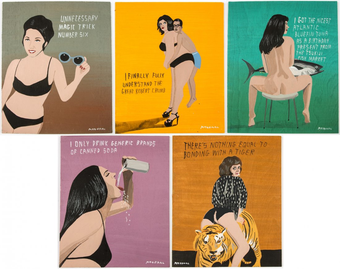 Javier Mayoral (American, 20th c.) 5 Works: Javier Mayoral (American, 20th c.) 5 Works. Titles include "UNNECESSARY MAGIC TRICK NUMBER SIX", "I FINALLY FULLY UNDERSTAND THE GREAT ROBERT CRUMB", "I GOT THE NICEST ATLANTIC BLUEFIN TUNA AS A BIRTH