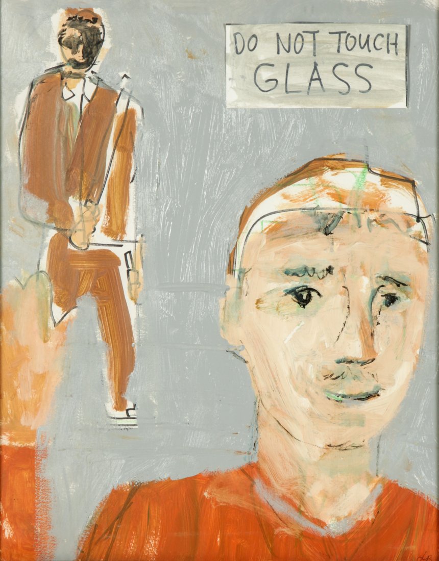 Jim Bloom (American, b. 1968) "Do Not Touch Glass": Jim Bloom (American, b. 1968) "Do Not Touch Glass", mixed media painting with collage on paper, framed, signed. Size: 25.75" x 21", 65 x 53 cm (frame).