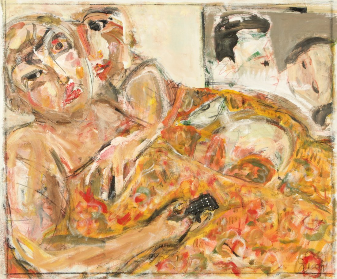 Jim Bloom (American, b. 1968) "Couple in Bed": Jim Bloom (American, b. 1968) "Couple in Bed", mixed media painting on canvas, signed. Size: 37.25" x 45", 95 x 115 cm (stretcher); 39" x 46.5", 99 x 118 cm (frame).