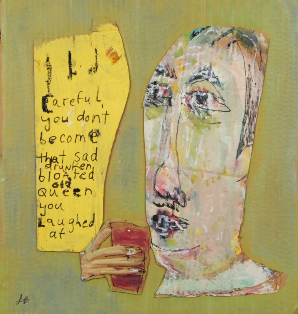 Jim Bloom (American, b. 1968) "Careful": Jim Bloom (American, b. 1968) "Careful", mixed media and collage on cardboard. Size: 19" x 18.5", 48 x 47 cm (board).
