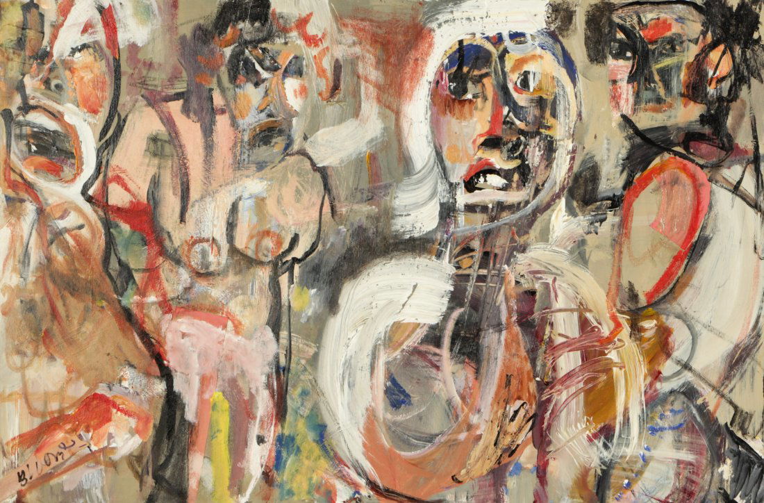 Jim Bloom (American, b. 1968) Untitled (Abstract: Jim Bloom (American, b. 1968) Untitled (Abstract Figures), mixed media painting on canvas, signed. Size: 23.75" x 36", 61 x 92 cm (stretcher).