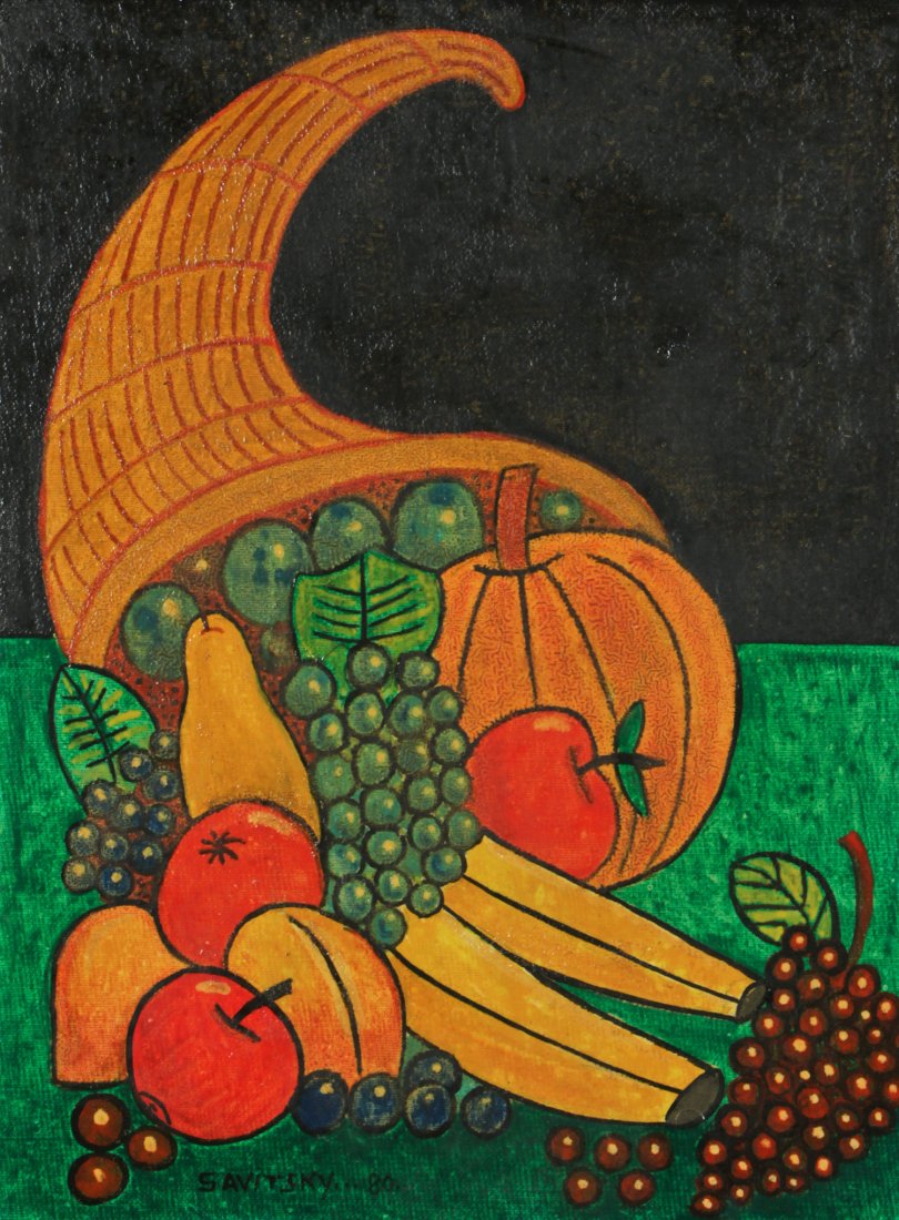 Jack Savitsky (American 1910-1991) Cornucopia, 1980: Jack Savitsky (American 1910-1991) Cornucopia, 1980, painting on artist board, signed and dated. Size: 16" x 12", 41 x 30 cm (board); 17" x 13", 43 x 33 cm (frame).