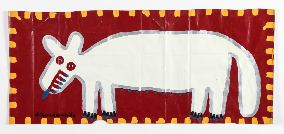 Richard Burnside (American, b. 1940) Painting: Richard Burnside (American, b. 1940) "White Wolf", paint and collage on paper. Size: 16.5" x 37.5" (42 x 95 cm). Provenance: Robert Cargo, Alabama.