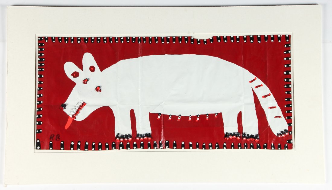 Richard Burnside (b. 1940) "White Wolf": Richard Burnside (American, b. 1940) "White Wolf", paint and collage on paper, signed. Size: 16.75" x 36.5", 43 x 93 cm (sheet); 26.5 x 45.5, 67 x 114 cm (mat). Exhibited at The San Francisco Museum o