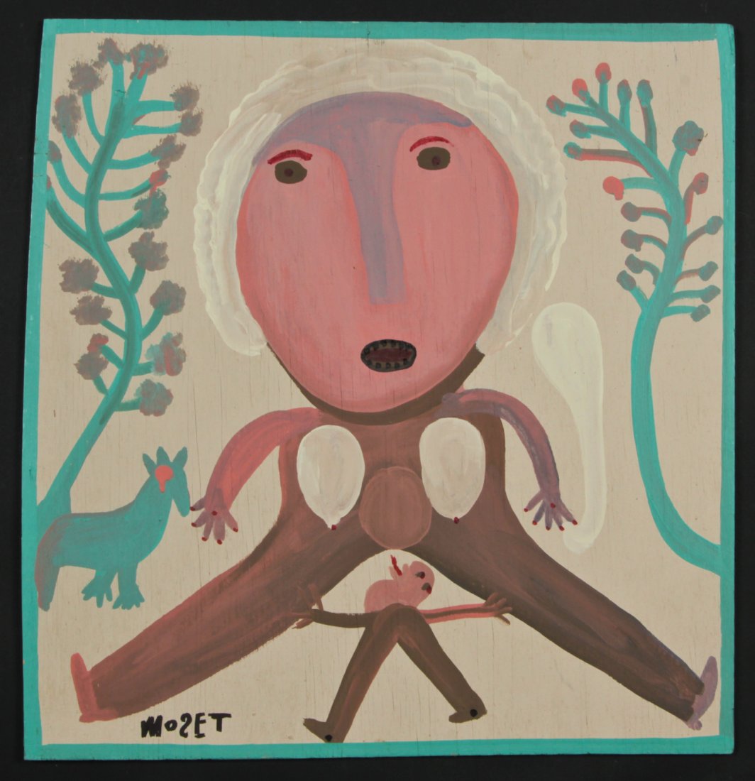 Mose Tolliver (1925-2006) "Spreading Leg Sally": Mose Tolliver (American/Alabama, 1925-2006) "Spreading Leg Sally", c. 1987, paint on wood, signed. Size: 24" x 23.25", 61 x 59 cm (board). Provenance: Robert Cargo, Alabama.