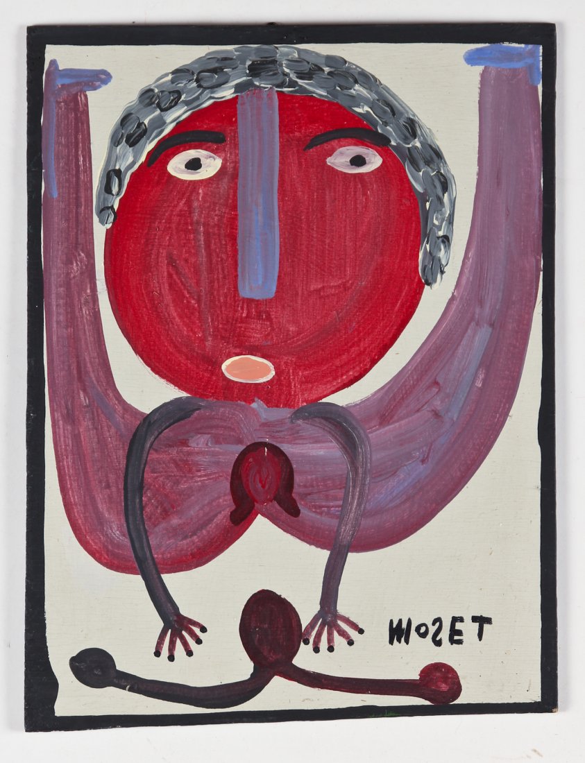 Mose Tolliver (1925-2006) "Moose Lady": Mose Tolliver (American/Alabama, 1925-2006) "Moose Lady", painting on wood, signed. Size: 20" x 15", 51 x 38 cm (board). Provenance: New York Estate.