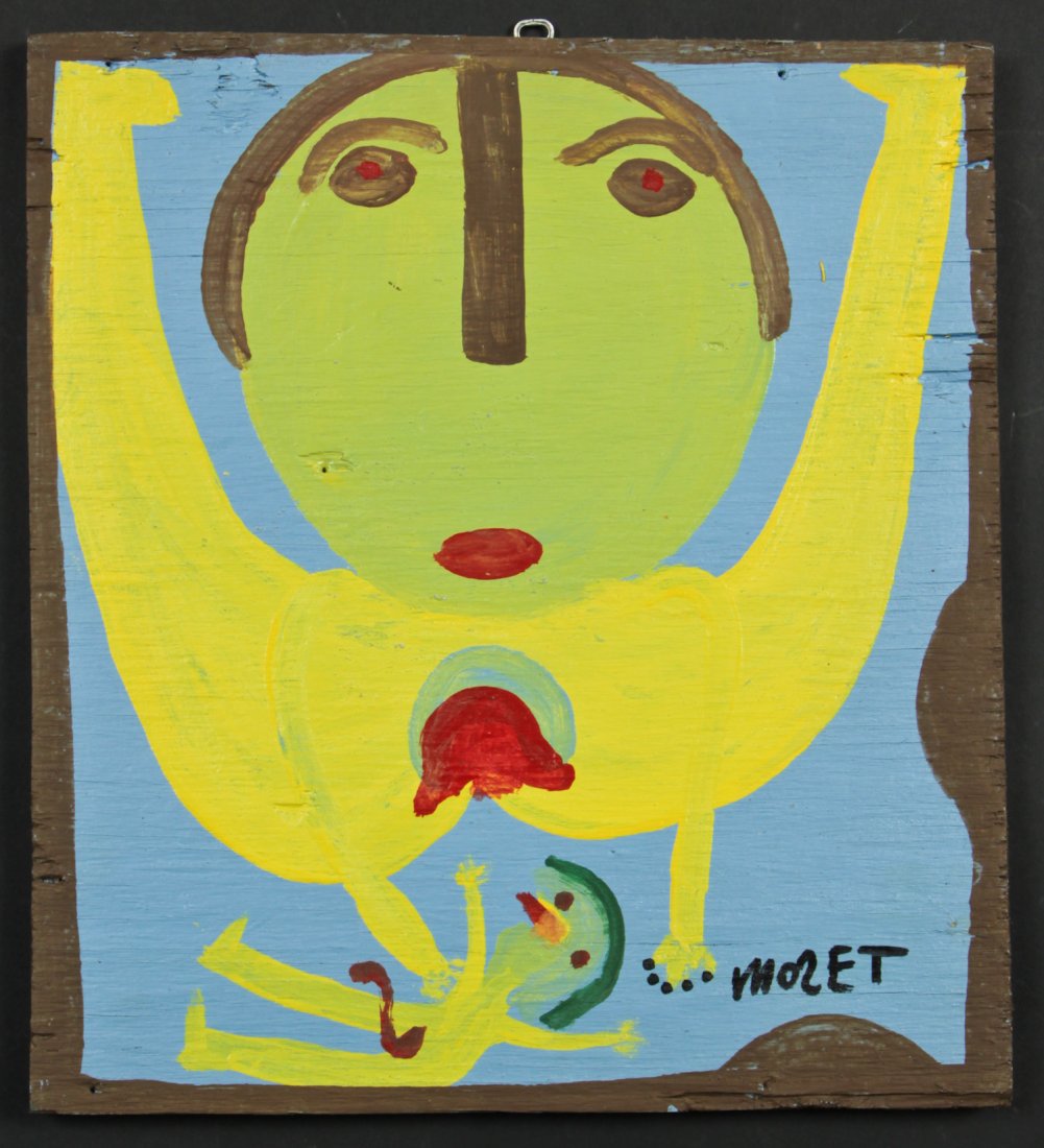 Mose Tolliver (1925-2006) Painting on wood, 1991: Mose Tolliver (American/Alabama, 1925-2006) Painting on wood, 1991, signed. Size: 17" x 15.5", 43 x 39 cm (board). Provenance: Robert Cargo, Alabama.