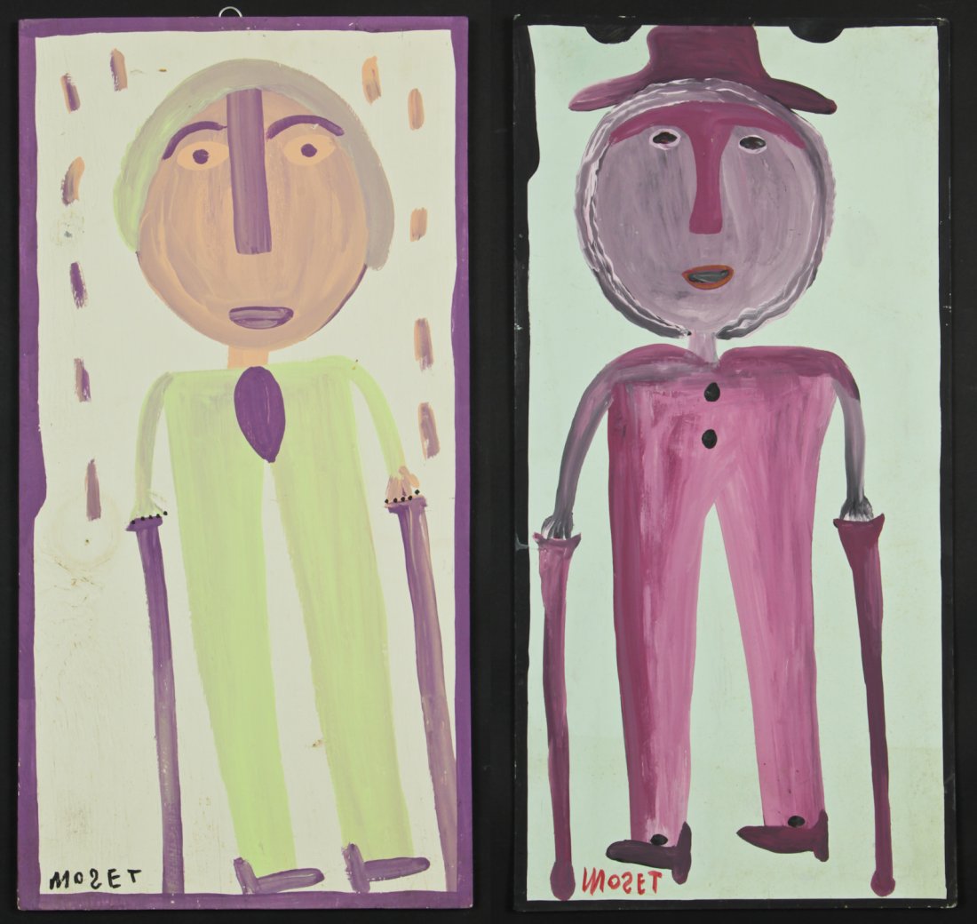 Mose Tolliver (1925-2006) Two Paintings: Mose Tolliver (American/Alabama, 1925-2006) Two Works: each paint on wood, dated 1986 and 1990, signed. Sizes: 1) 32" x 16", 81 x 41 cm (board); 2) 36" x 17.75", 91 x 45 cm (board). Provenance: Robert