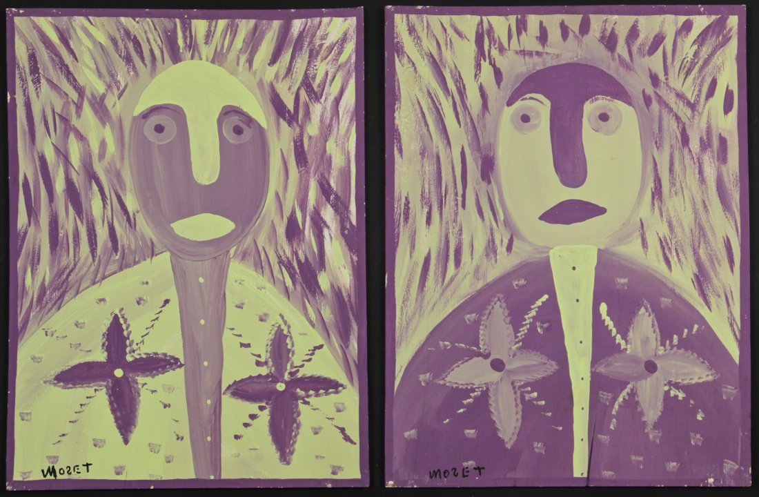 2 Mose Tolliver (1925-2006) Paintings: 2 Mose Tolliver (1925-2006) Works, paint on wood, signed, dated 1990. Size: 32" x 24", 81 x 61 cm (each board). Provenance: Robert Cargo, Alabama.
