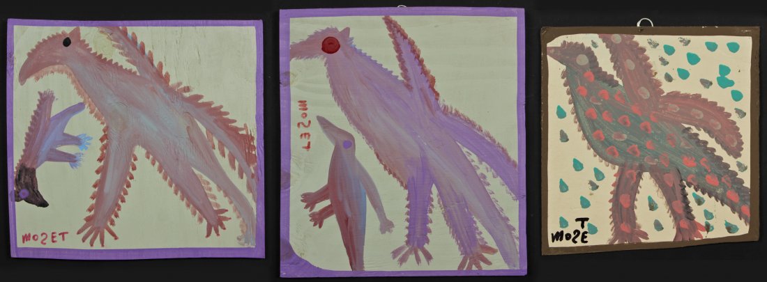 Mose Tolliver (1925-2006) 3 "Bird" Paintings: Mose Tolliver (American/Alabama, 1925-2006) 3 Works: "Birds", 1987, paint on wood, signed. Size: 1) 16" x 17.5", 41 x 44 cm (board); 2) 17.5" x 16", 44 x 41 cm (board); 3) 12.75" x 12", 32 x 30 cm (bo