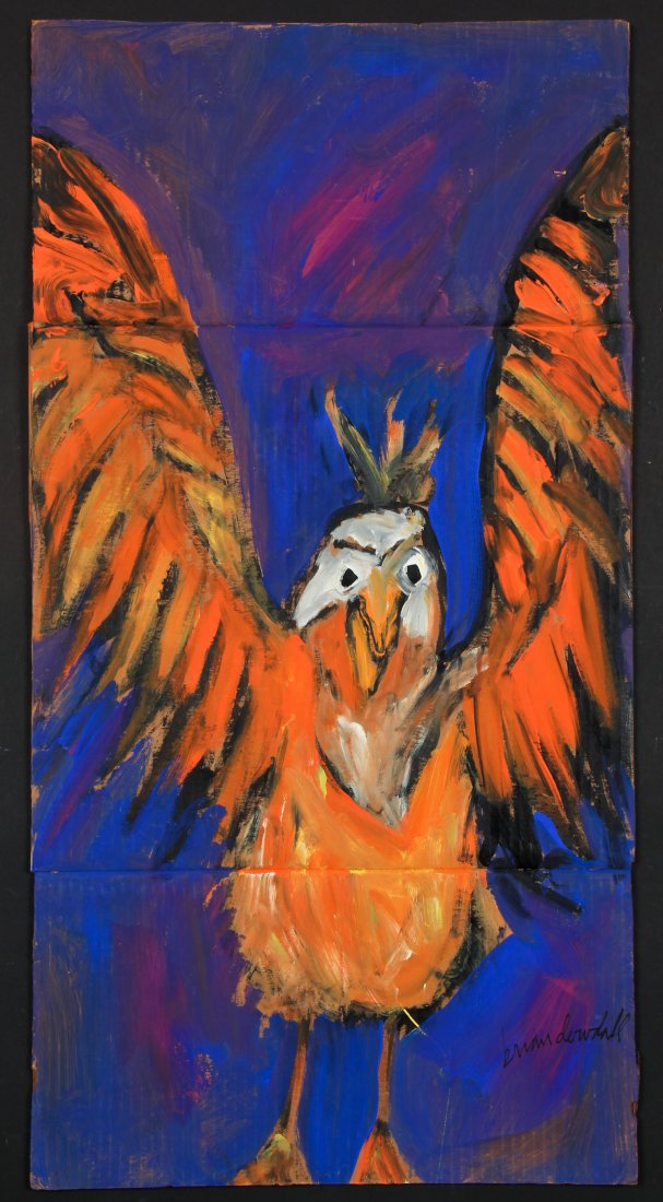Brian Dowdall (b. 1948) "Bird": Brian Dowdall (American, b. 1948) "Bird", mixed media painting on cardboard, signed. Size: 34.75" x 18.5", (88 x 47 cm). Provenance: Robert Cargo, Alabama.