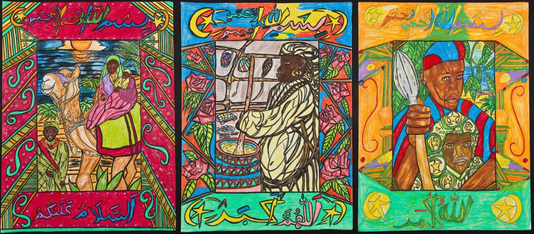 Mohammed Mustapha (20th c.) 3 Mixed media works on: Mohammed Mustapha (20th c.) 3 Mixed media works on paper, signed. Size: 24" x 18", 61 x 46 cm (sheet). Mohammed Mustapha is an inmate at Corcoran State Prison / California. Provenance: Robert Cargo, A