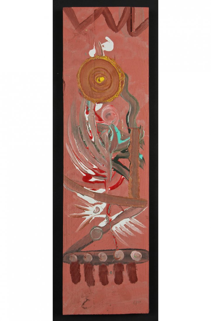 Lonnie Holley (b. 1950) "Flying to the Spirit", 1990: Lonnie Holley (American, b. 1950) "Flying to the Spirit", 1990, mixed media painting on wood, signed and titled. Size: 32.75" x 9.25" x 1.5" (83 x 23 x 4 cm). Provenance: Robert Cargo, Alabama.