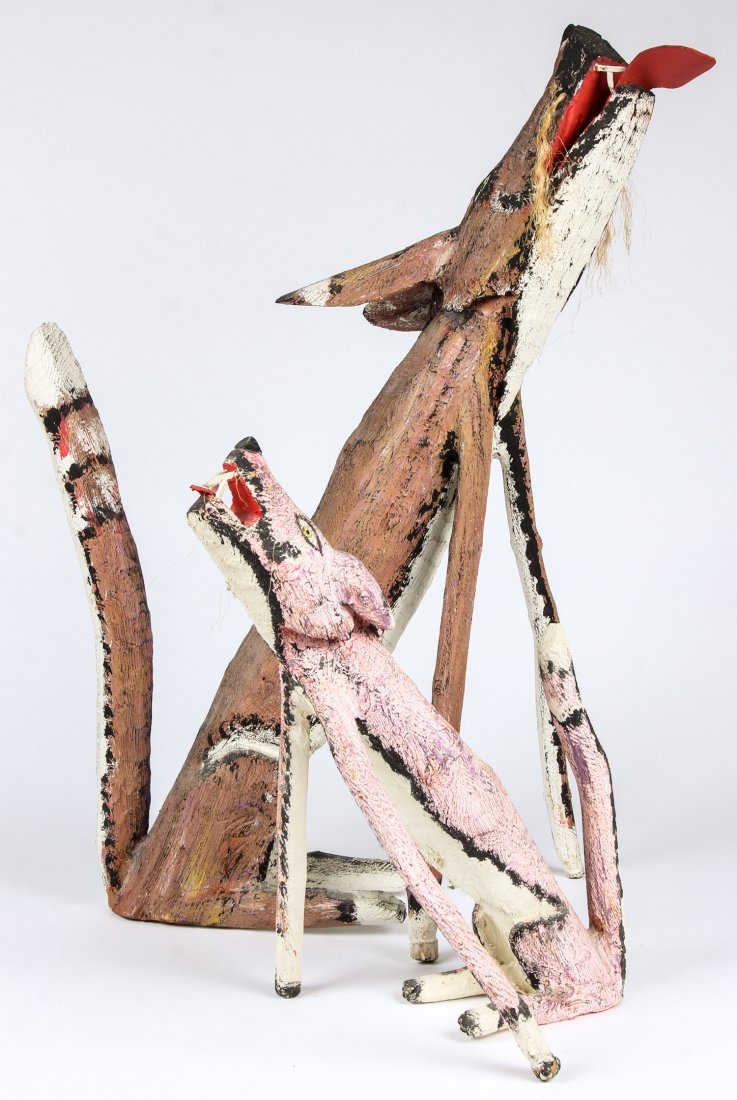 2 Miguel Rodriguez (Santa Fe, NM) Figural Coyotes: 2 Miguel Rodriguez (Santa Fe, NM) Figural Coyotes. Carved wood. Largest Size: 38" x 28" x 15" (97 x 71 x 38 cm). Provenance: Estate of Myra Yellin Outwater, art and theater columns writer for The Morn