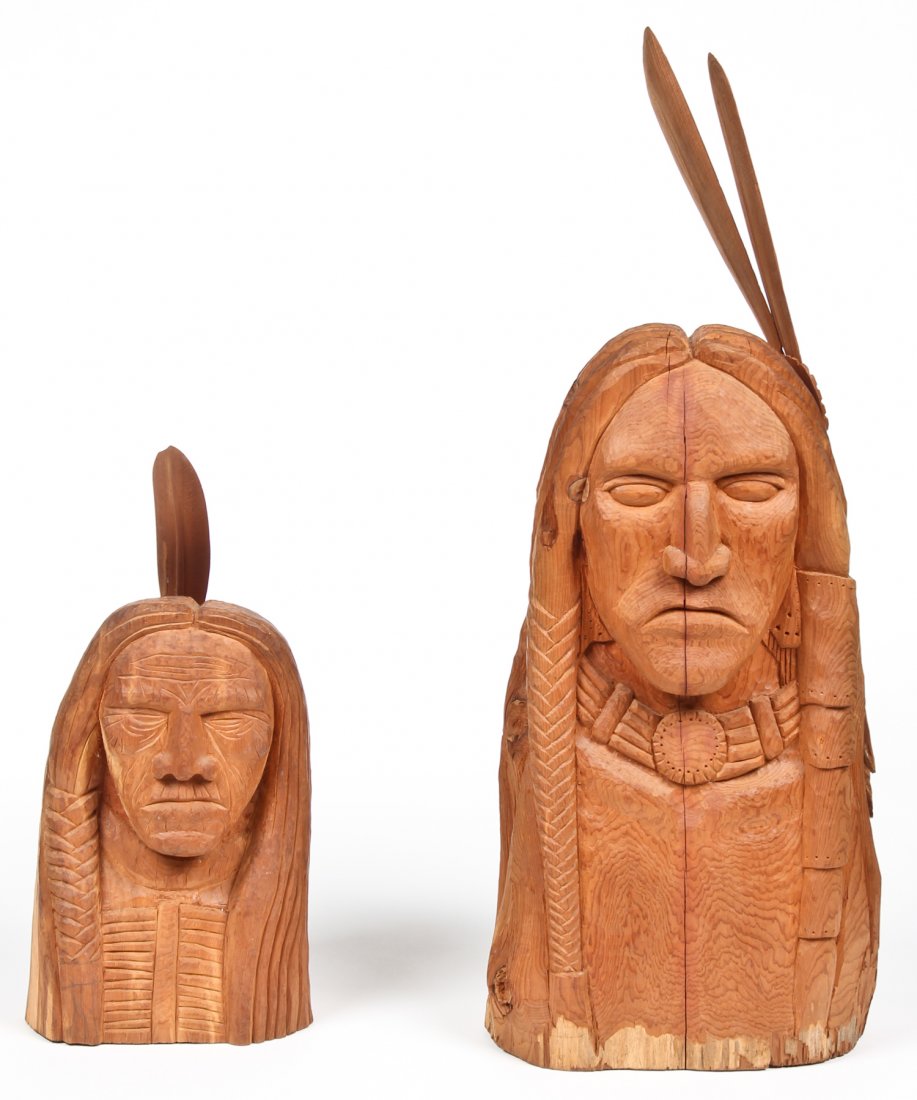 Tim Martin: 2 Carved Cedar Wood Busts: Tim Martin (American, d. 2000): 2 Carved Cedar Wood Busts, 1985/1986, each signed. Largest Size: 27.5" x 11" x 8" (70 x 28 x 20 cm). Provenance: Robert Cargo, Alabama.