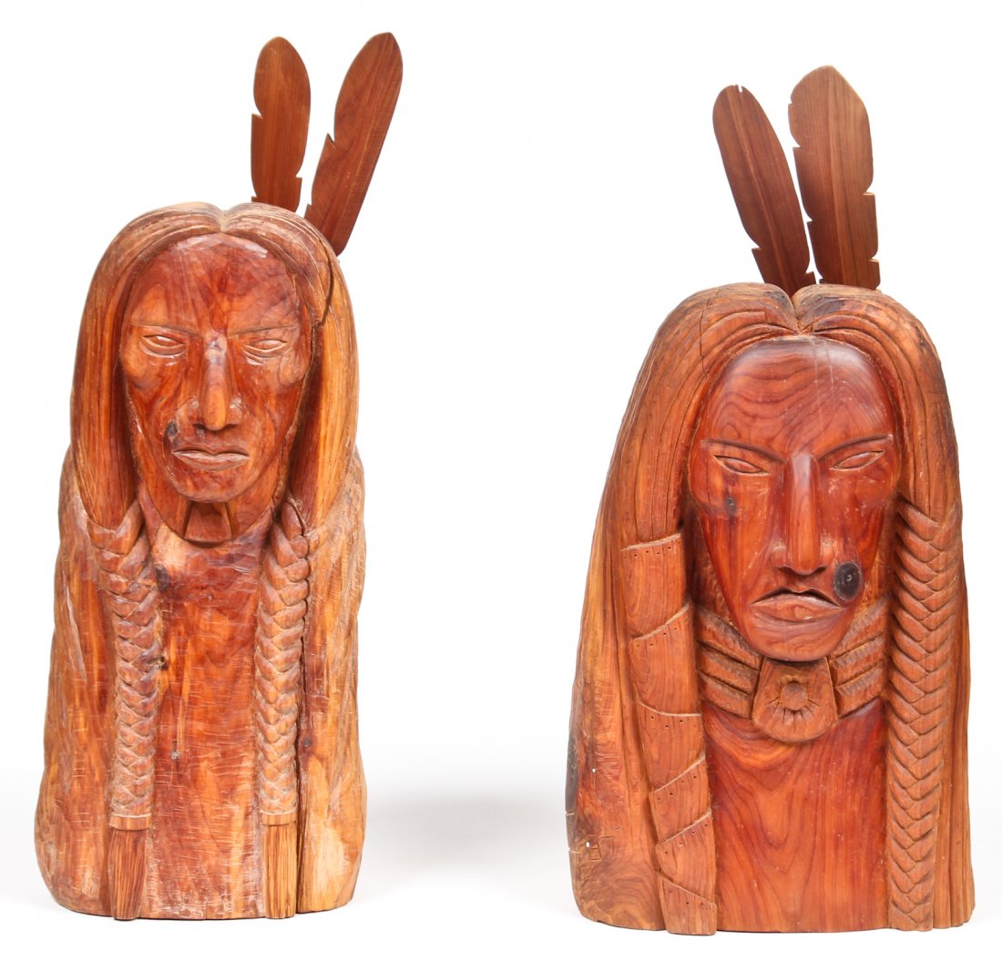 Tim Martin: 2 Carved Cedar Busts: Tim Martin (American, d. 2000): 2 Carved Cedar Wood Busts, 1987/1988, signed. Largest Size: 26" x 12" x 7" (66 x 30 x 18 cm). Provenance: Robert Cargo, Alabama.