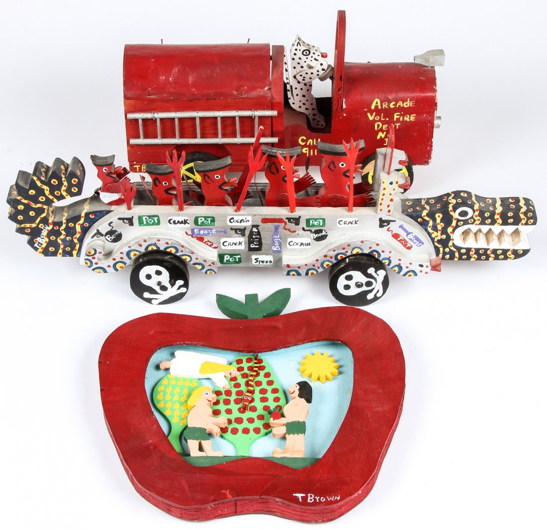 3 Tubby Brown Works: 3 Tubby Brown Works. Includes a Hell Car, a Fire Engine and an Original Sin plaque. Largest Size: 12" x 31" x 5" (30 x 79 x 13 cm). Provenance: Estate of Myra Yellin Outwater, art and theater columns