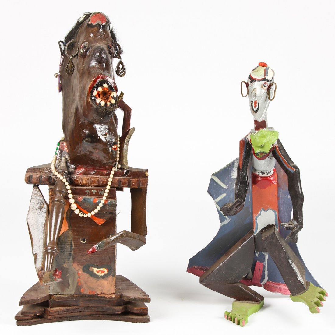 Derek Webster: 2 Mixed Media Wood Assemblages: Derek Webster (American, 20th c.) 2 Mixed Media Wood Assemblages, c. 1988, signed. Largest Size: 28" x 12" x 13" (71 x 30 x 33 cm). Provenance: Robert Cargo, Alabama.