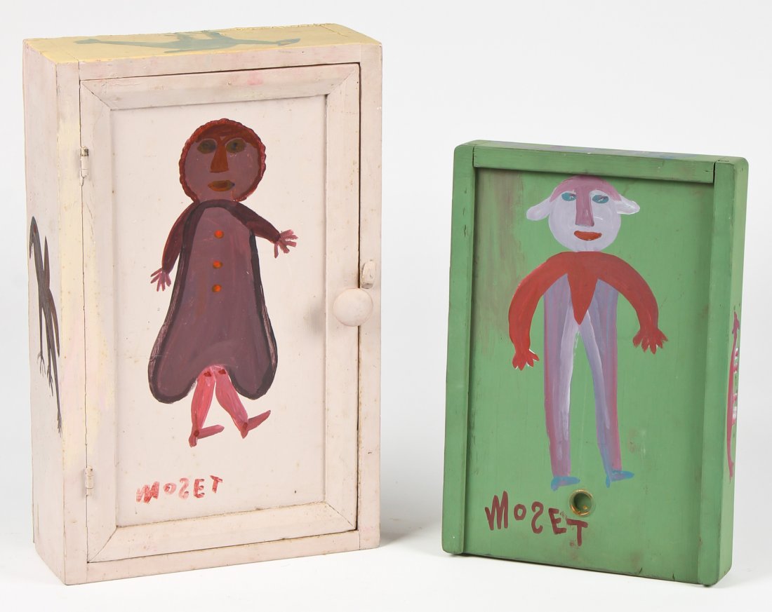 Mose Tolliver (1925-2006) Two Painted Wood Cabinets,: Mose Tolliver (American/Alabama 1925-2006) Two Painted Wood Cabinets, c. 1988, signed. Largest Size: 19.5" x 12.25" x 4.5" (50 x 31 x 11 cm). Provenance: Robert Cargo, Alabama.