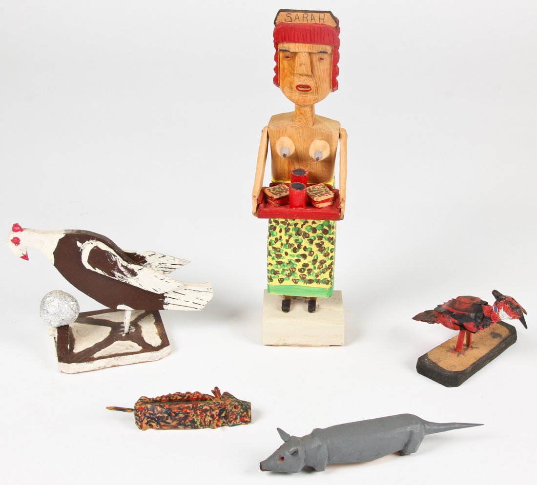 5 Carvings: 3 Carl McKenzie, 2 Willie Massey: 5 Carved Wood Sculptures, including 3 sculptures by Carl McKenzie (American/Kentucky, 1905-1998): "Sarah The Topless Waitress", 1992, along with 2 "Animals", each carved and painted wood, signed by th