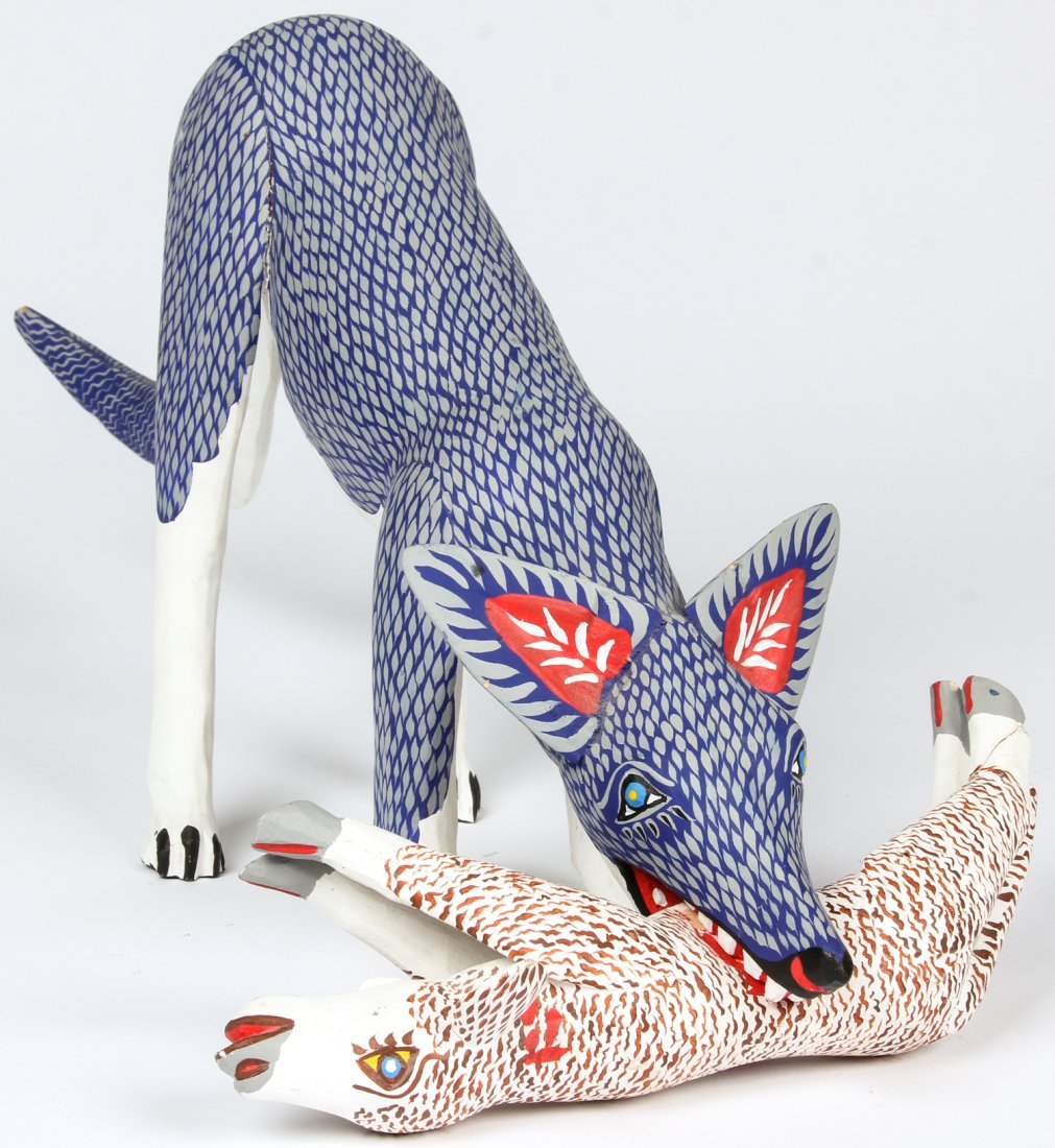 Signed Epifanio Fuentes Coyote and Kill Alebrije: Signed Epifanio Fuentes Coyote and Kill Alebrije. Oaxaca, Mexico. Size: 11" x 25" x 12" (28 x 64 x 30 cm). Provenance: Bob Brand and Liz Werthan, Philadelphia.