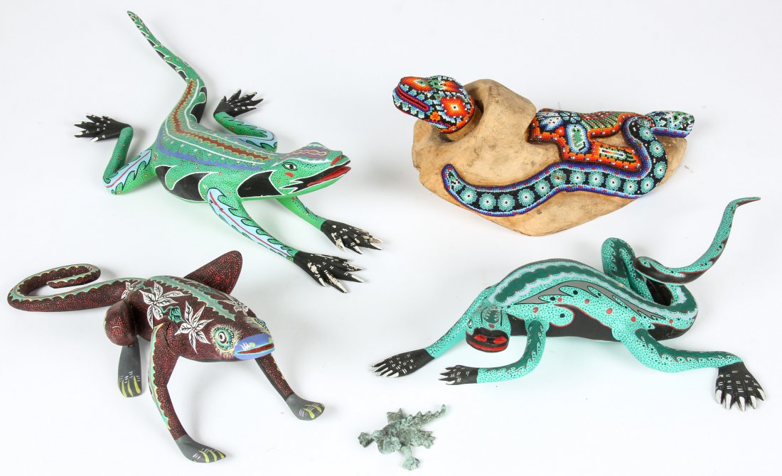5 Vintage Mexican Figural Lizards: 5 Vintage Mexican Figural Lizards. Including a Huichol group, 2 Mario Castellano carved wood lizards, a Francisco Fabian Ojeda lizard and a cast metal gecko. Largest Size: 6" x 13" x 5" (15 x 33 x 13 