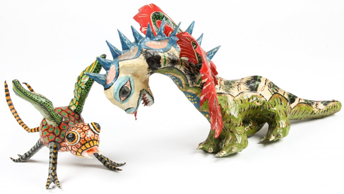 2 Vintage Mexican Alebrijes: 2 Vintage Mexican Alebrijes. Papier mache, paint. Largest Size: 12" x 27" x 12" (30 x 69 x 30 cm). Provenance: Bob Brand and Liz Werthan, Philadelphia.