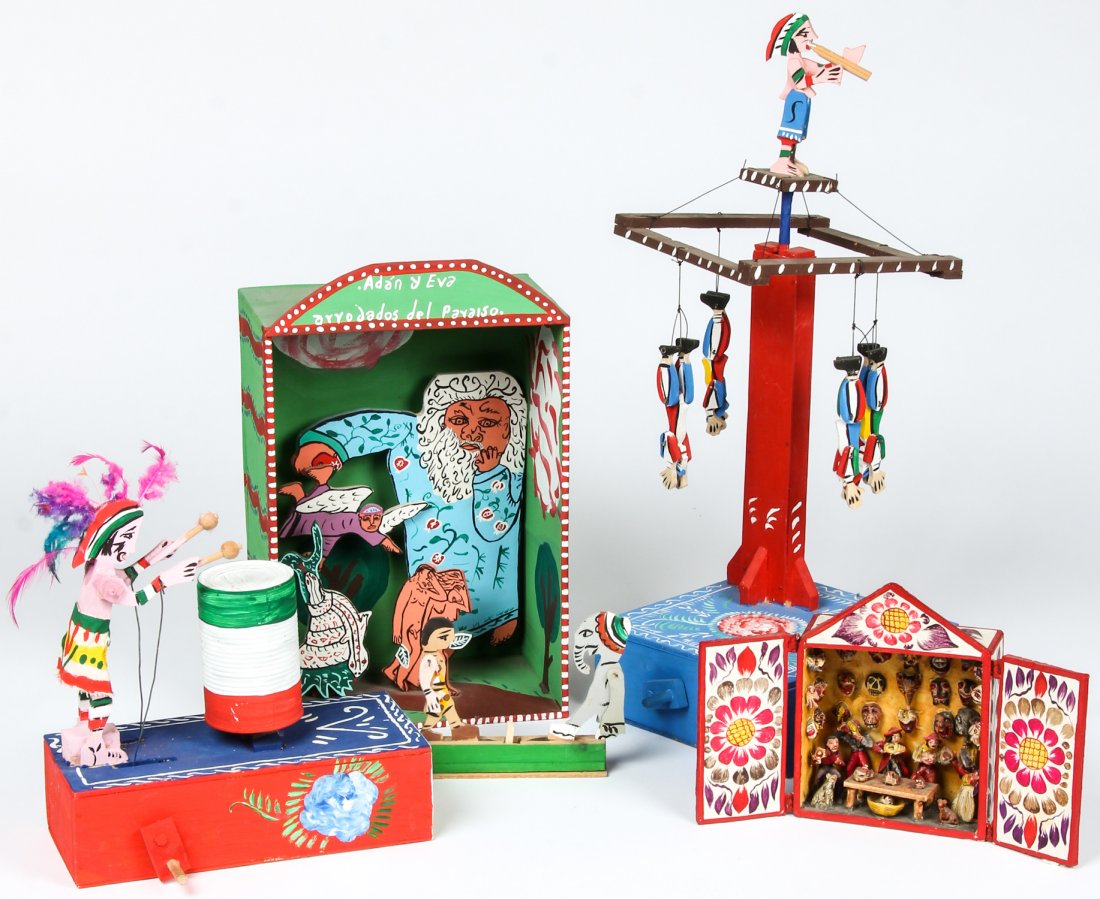 5 Kinetic and Dioramic Vignettes: 5 Kinetic and Dioramic Vignettes. Mexican and Peruvian examples. Largest Size: 23" x 19" x 9" (58 x 48 x 23 cm). Provenance: Bob Brand and Liz Werthan, Philadelphia.