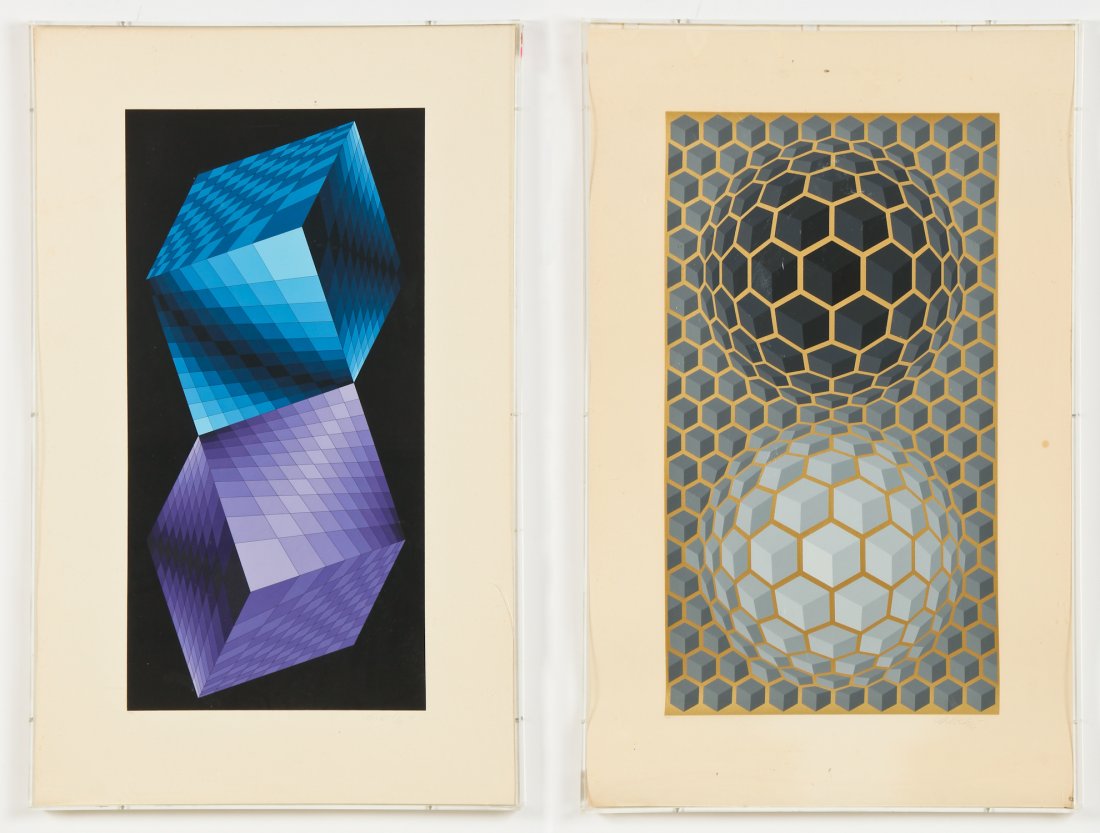 Victor Vasarely (1906-1997) Two Works: Victor Vasarely (French/Hungarian, 1906-1997) Two Works: screenprints, each from an edition of 225, signed and numbered along lower margin, framed. Size: 46" x 29", 117 x 74 cm (each frame).