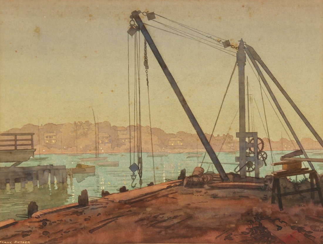 Frank Butler (American, 20th c.) Watercolor: Frank Butler (American, 20th c.) Dock Scene, watercolor painting on paper, signed. Size: 19.5"H x 23.5"W, 49 x 60 cm (frame); 11.25"H x 15"W, 28 x 38 cm (sight).