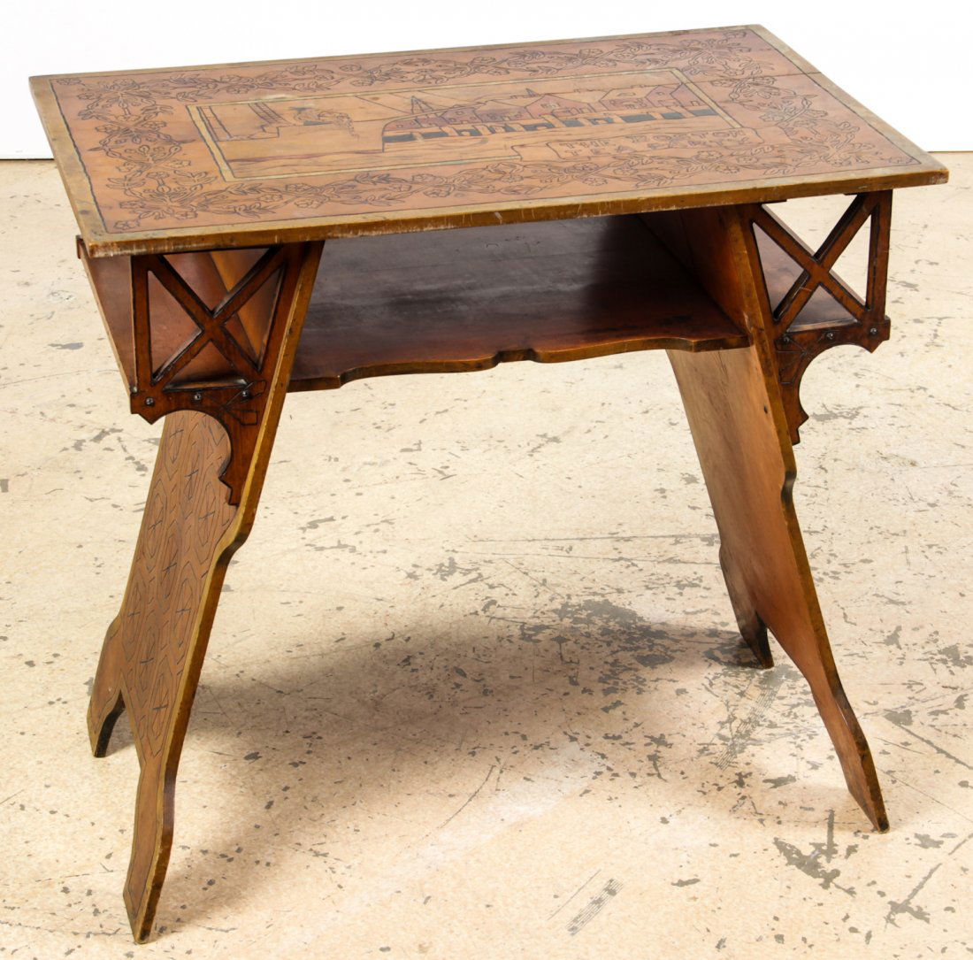 Folk Art Decorated Table: Folk Art Pyrographic Decorated Table. Boston Tea Party commemoration. Dated June 13, 1899 on bottom, Size: 28" x 30" x 19.5" (71 x 76 x 50 cm).