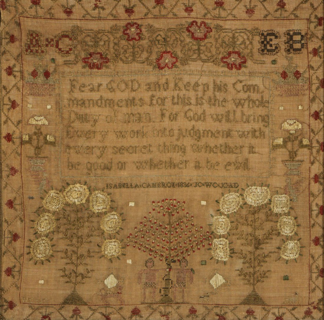 Dated 1836 Adam and Eve Sampler: Dated 1836 Adam and Eve Sampler. By Isabella Cameron. Silk floss on linen. Size: 21" x 21.5", 53 x 55 cm (frame).