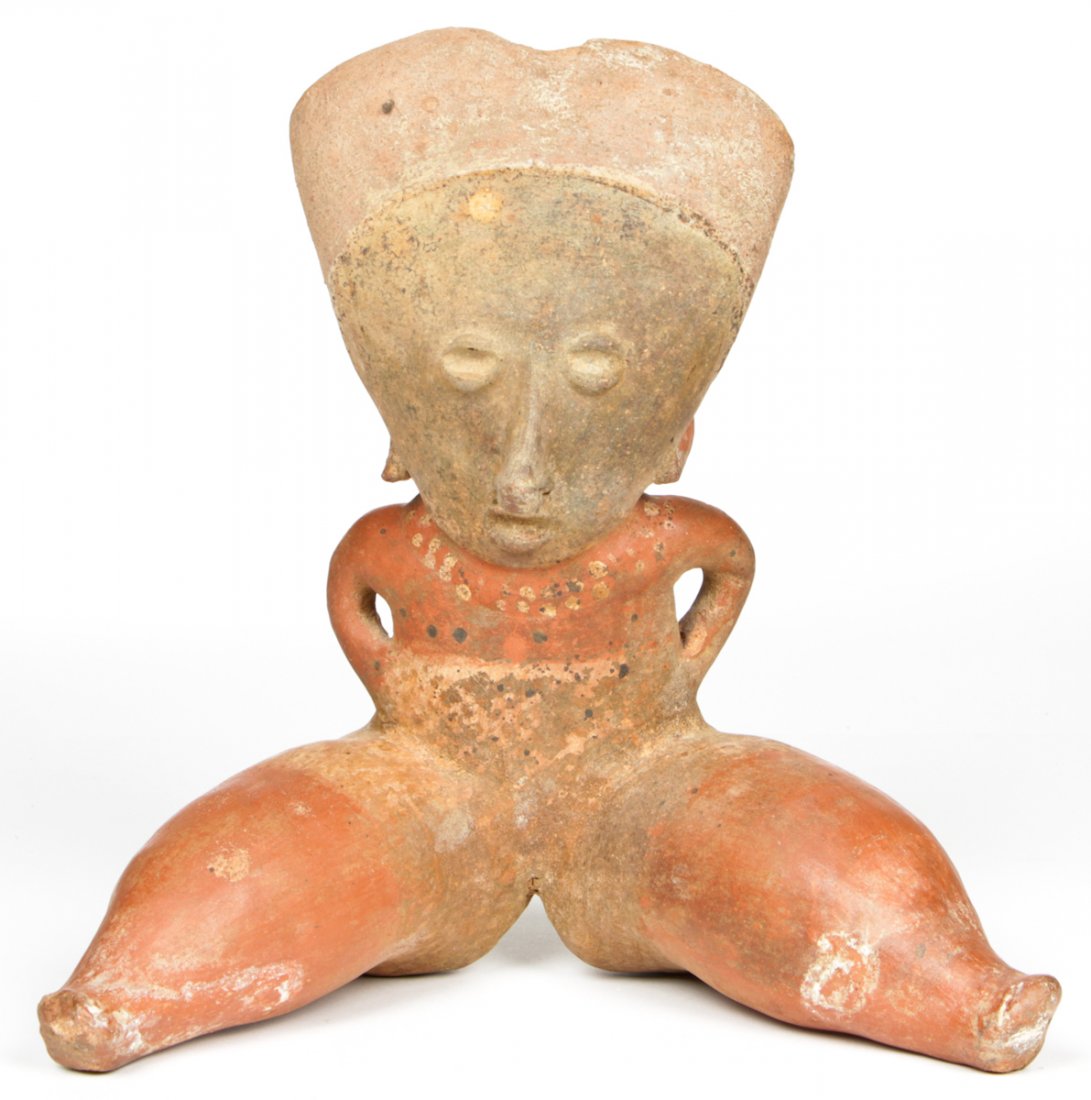 Large Pre-Colombian Nayarit Seated Figure: Large Pre-Colombian Nayarit Seated Figure. Private Philadelphia collection. Size: 12.5" x 12.5" x 7" (32 x 32 x 18 cm).
